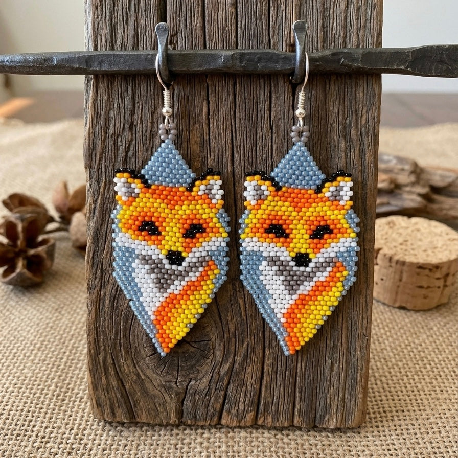 Fox Beaded Earrings (Blue)-5