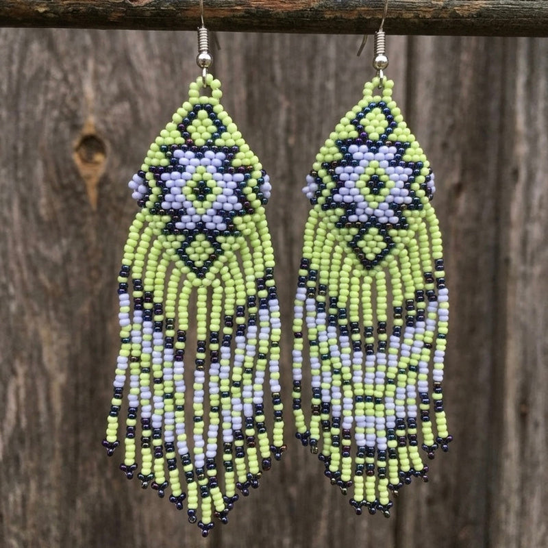 Fringe Bead Drop Earrings (Green)-1