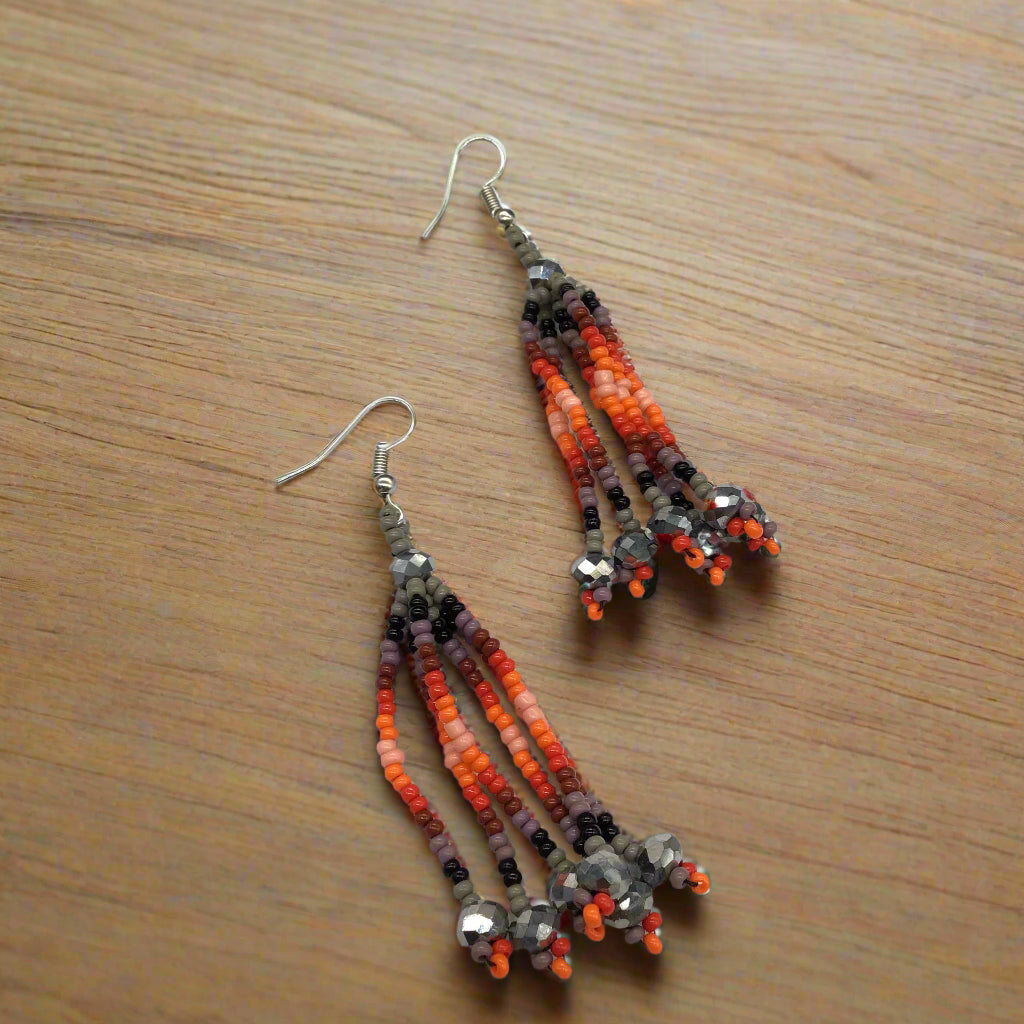 Grey Six-Strand Beaded Cascade Earrings-2
