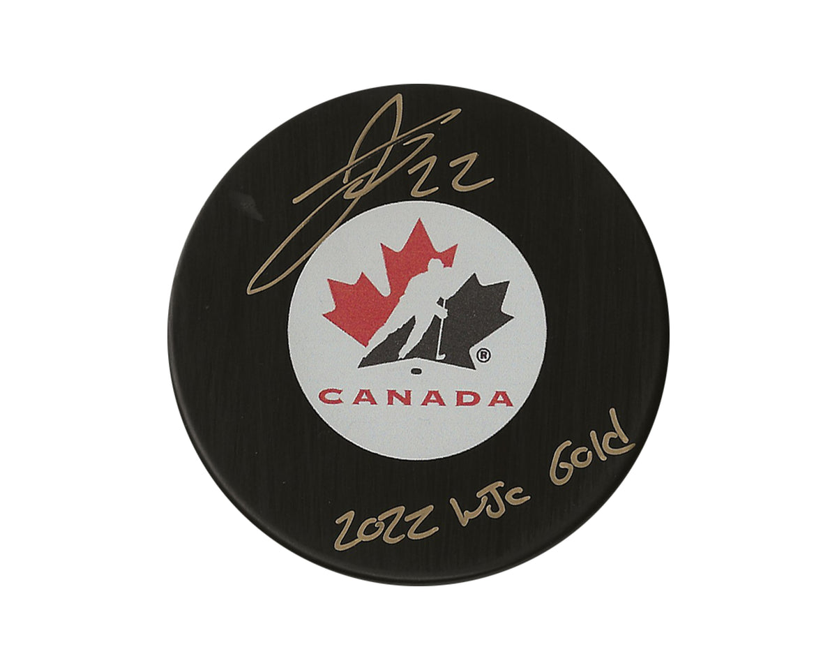 Palet de hockey autographié Jack Thompson Équipe Canada Modèle autographe gravé « Or CMJ 2022 »-1