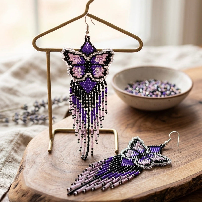 Purple Beaded Dancing Wing Earrings-4