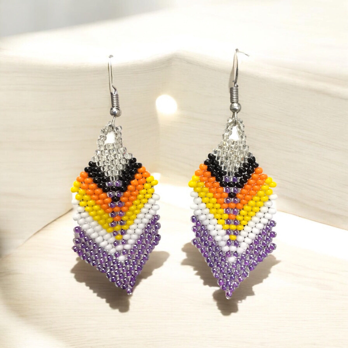 purple and silver Beaded Feather Drop Earrings-2