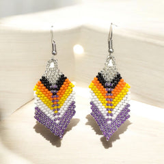 purple and silver Beaded Feather Drop Earrings-2