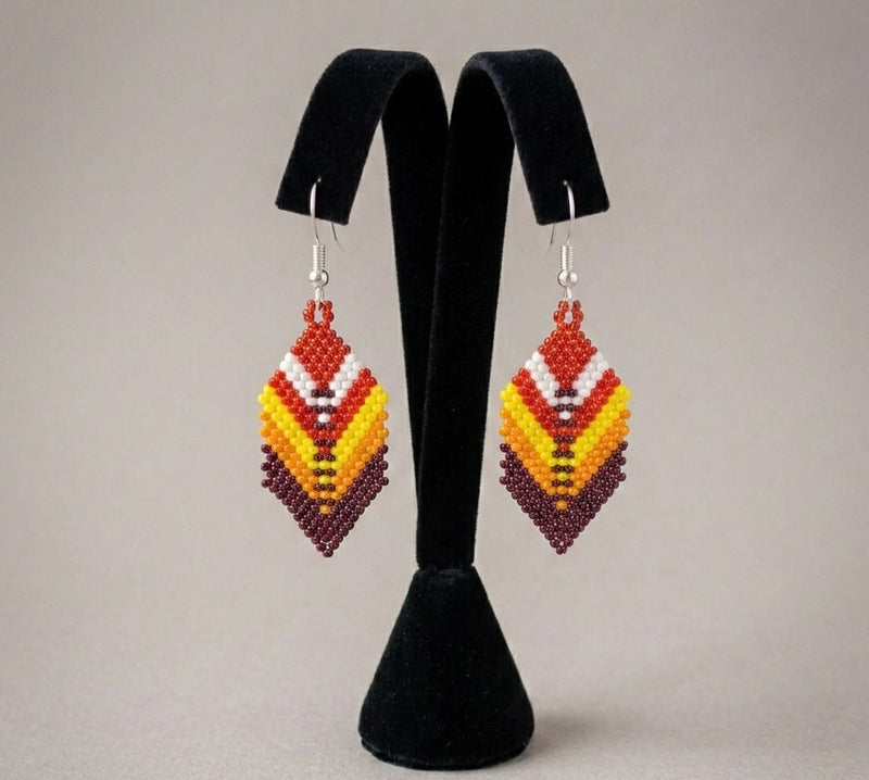 Red Beaded Feather Drop Earrings-1