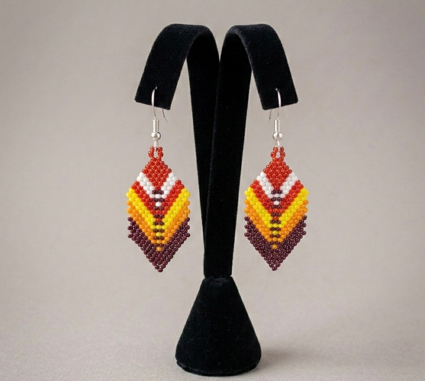 Red Beaded Feather Drop Earrings