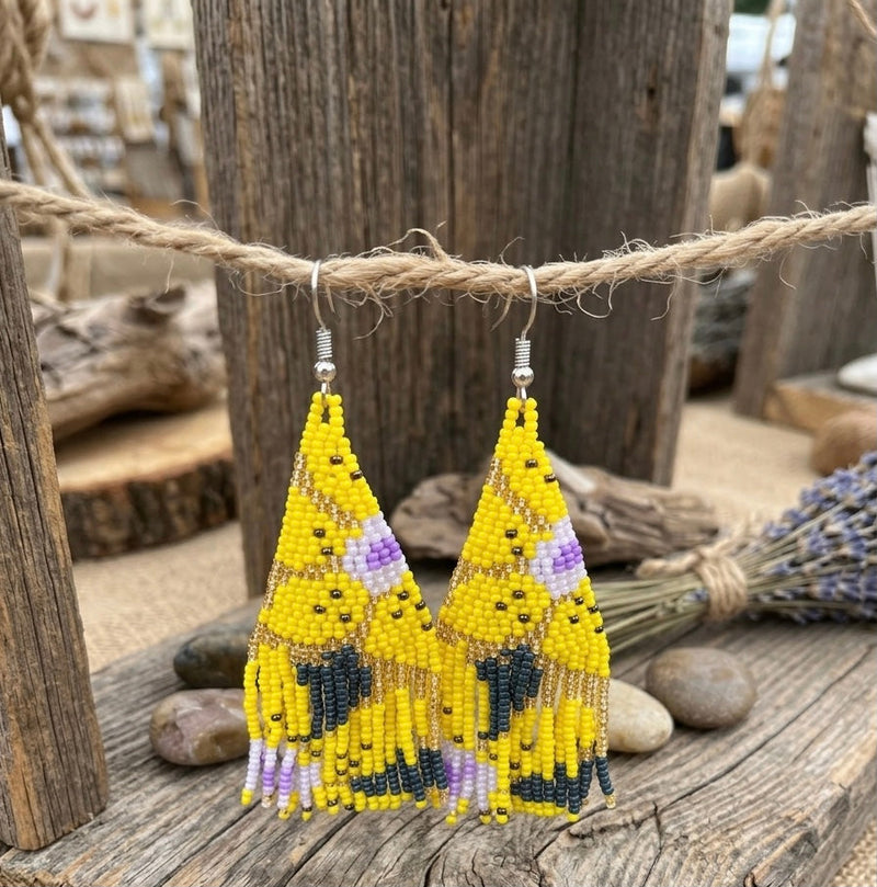 Flower Fringe Beaded Earrings (Yellow)-3