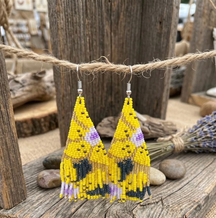 Flower Fringe Beaded Earrings (Yellow)-3