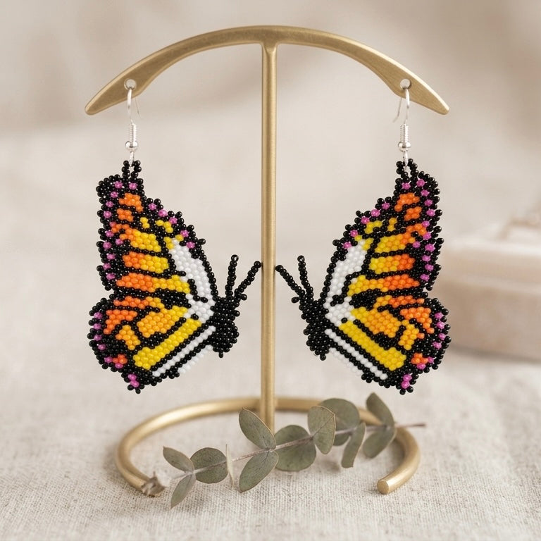 Red & White Butterfly Beaded Earrings-3