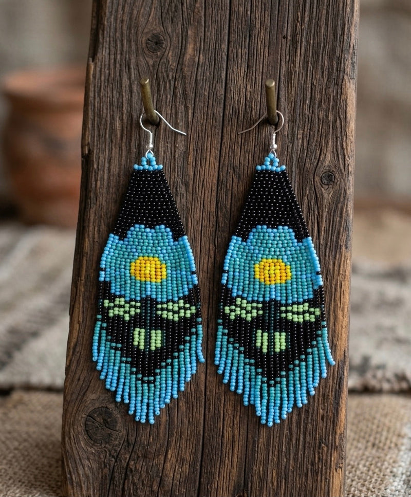Flower Beaded Earrings ( Blue )-1