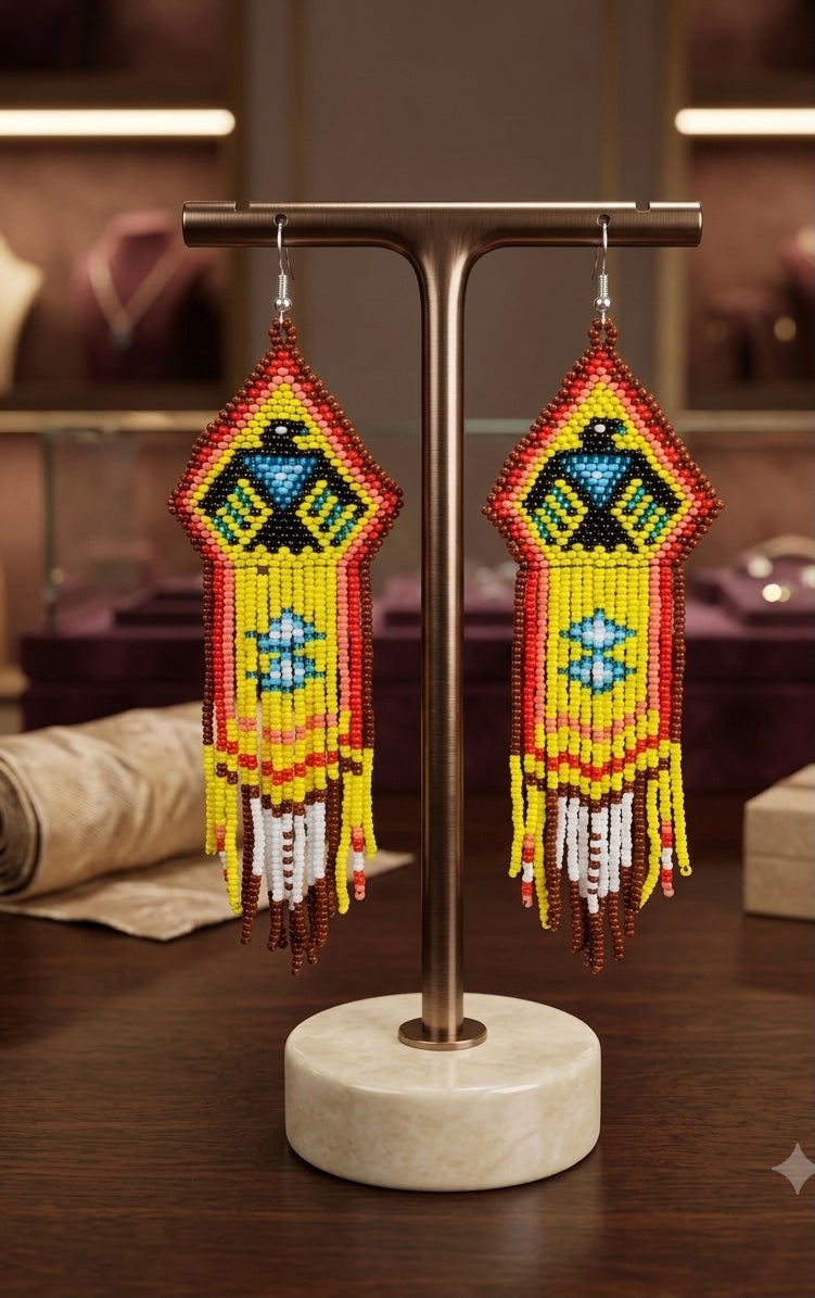 Beaded thunderbird earrings yellow / purple-1