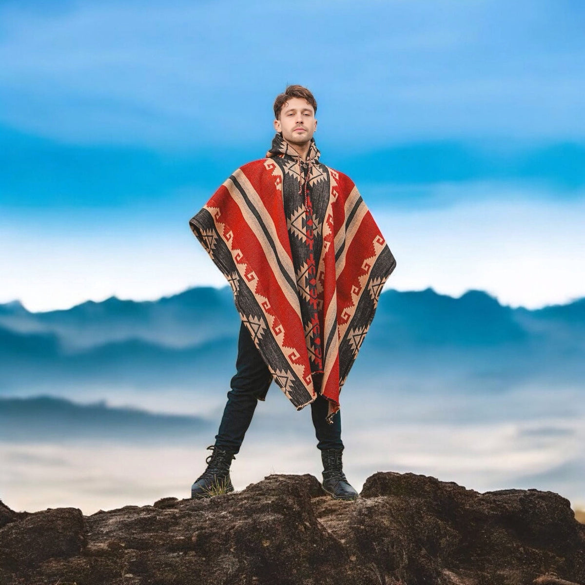 Red Pure Llama wool Ponchos-4
