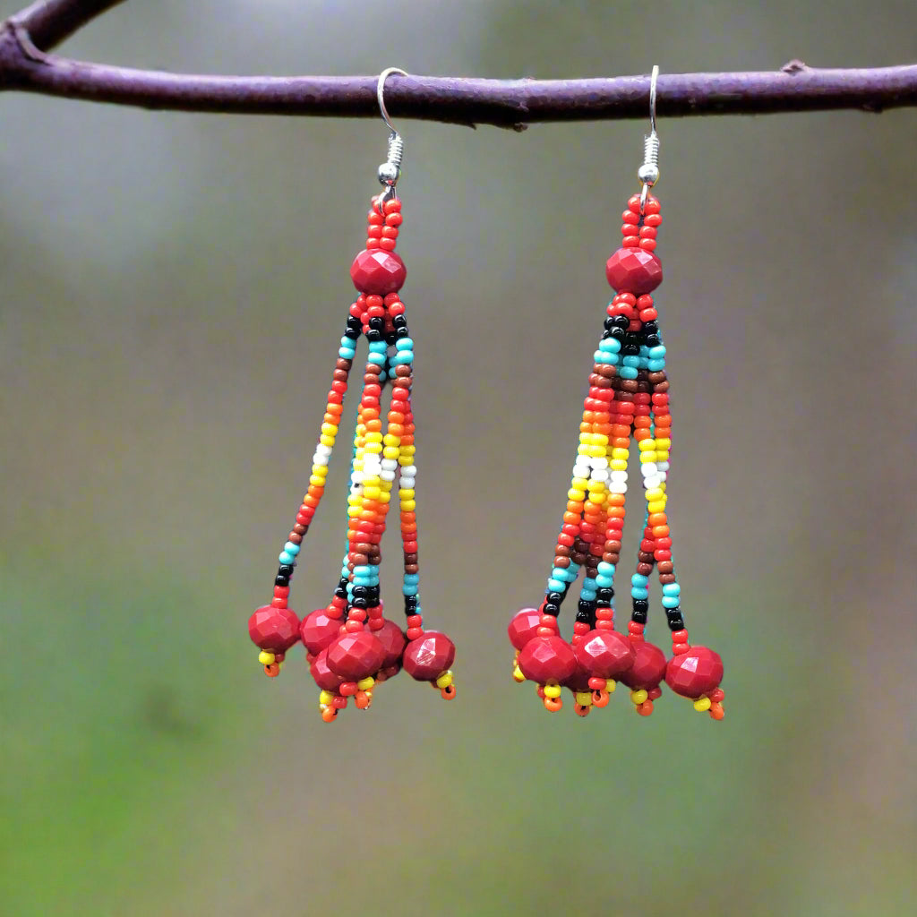 Red Six-Strand Beaded Cascade Earrings
