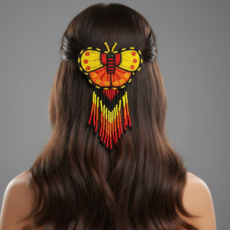 Butterfly Beaded Barrettes with Fringes Yellow & Orange-1