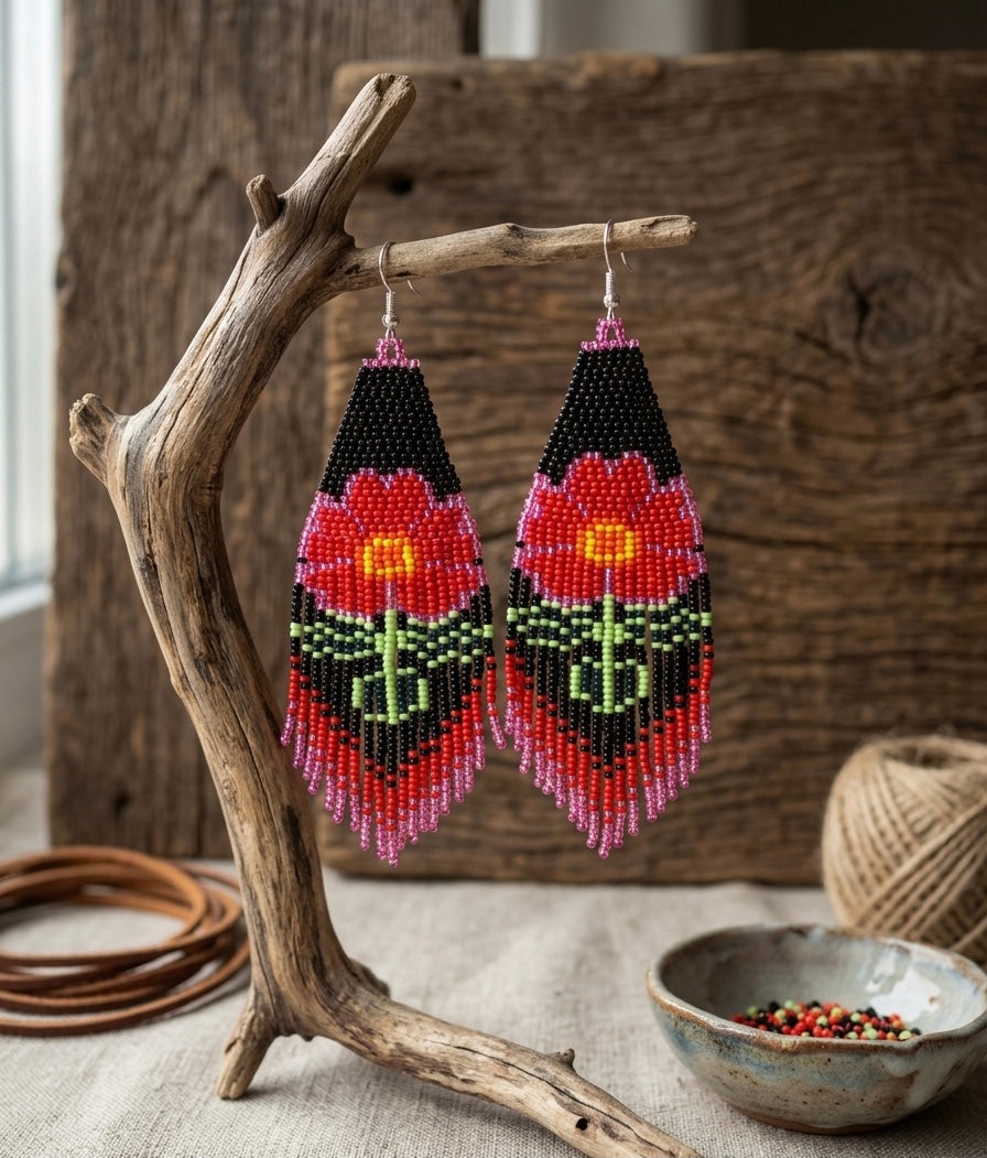 Flower Beaded Earrings ( Red )-4
