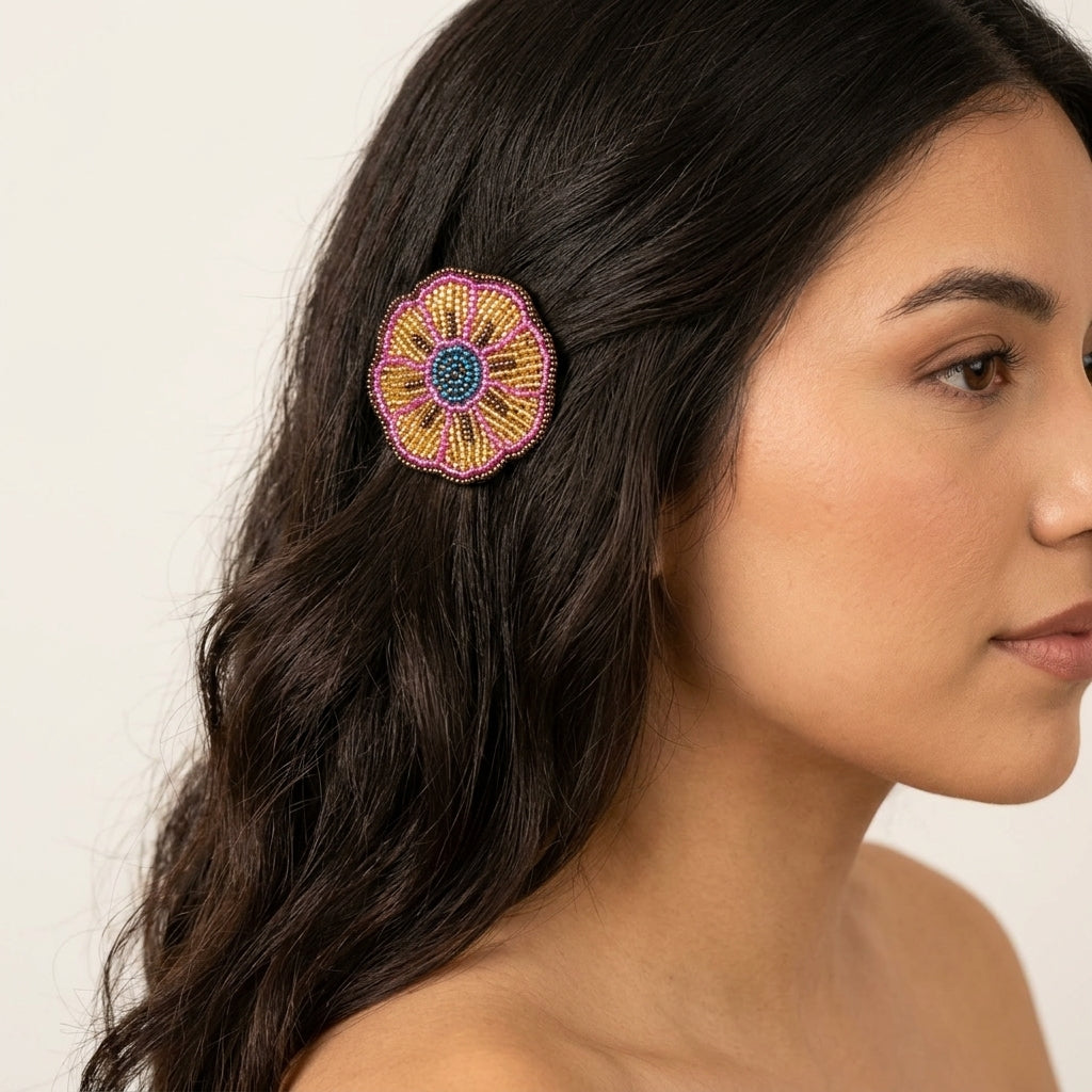 Golden Beaded Flower Barrette-6