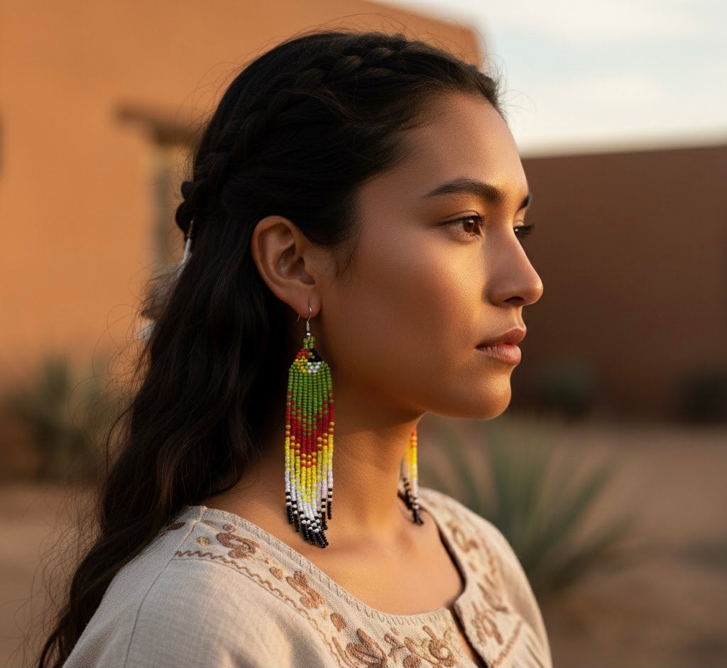 Green Firebird Spirit Beaded Earrings-3