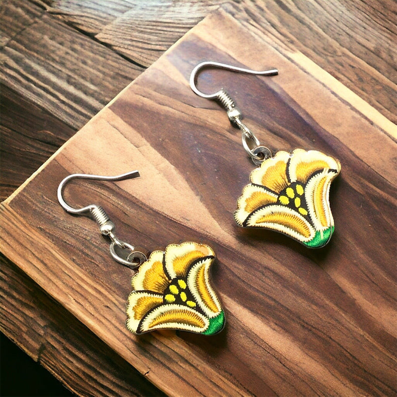 Painted Mustard Flower Wood Earrings-2