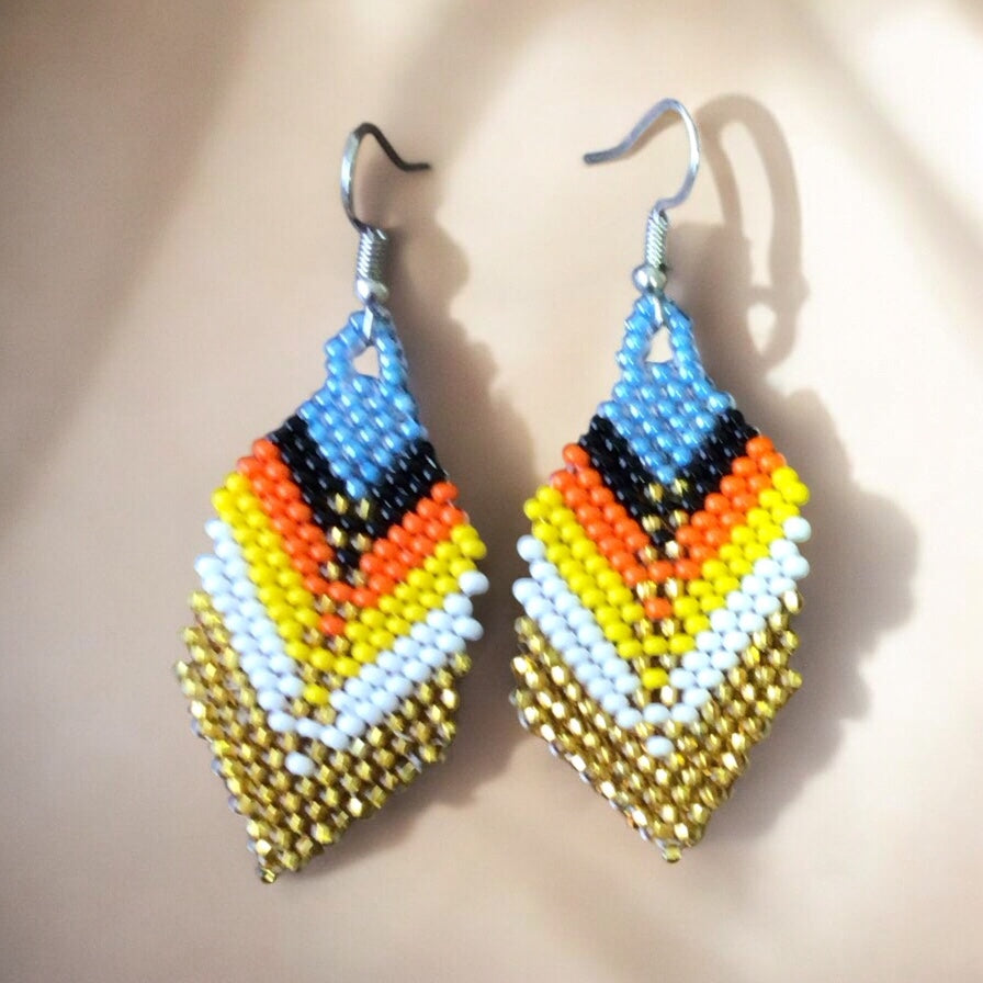 Sky blue and golden Beaded Feather Drop Earrings-1