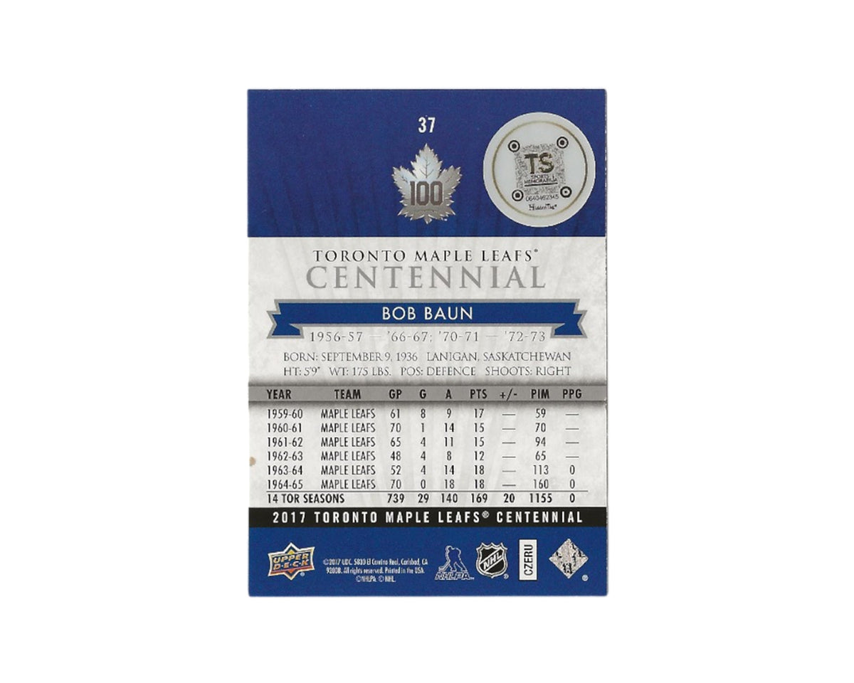Bobby Baun Autographed 2017 Upper Deck Toronto Maple Leafs Centennial #37 Hockey Card-2