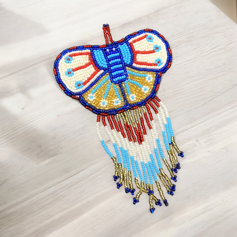 Butterfly Beaded Barrettes with Fringes Blue & White-2