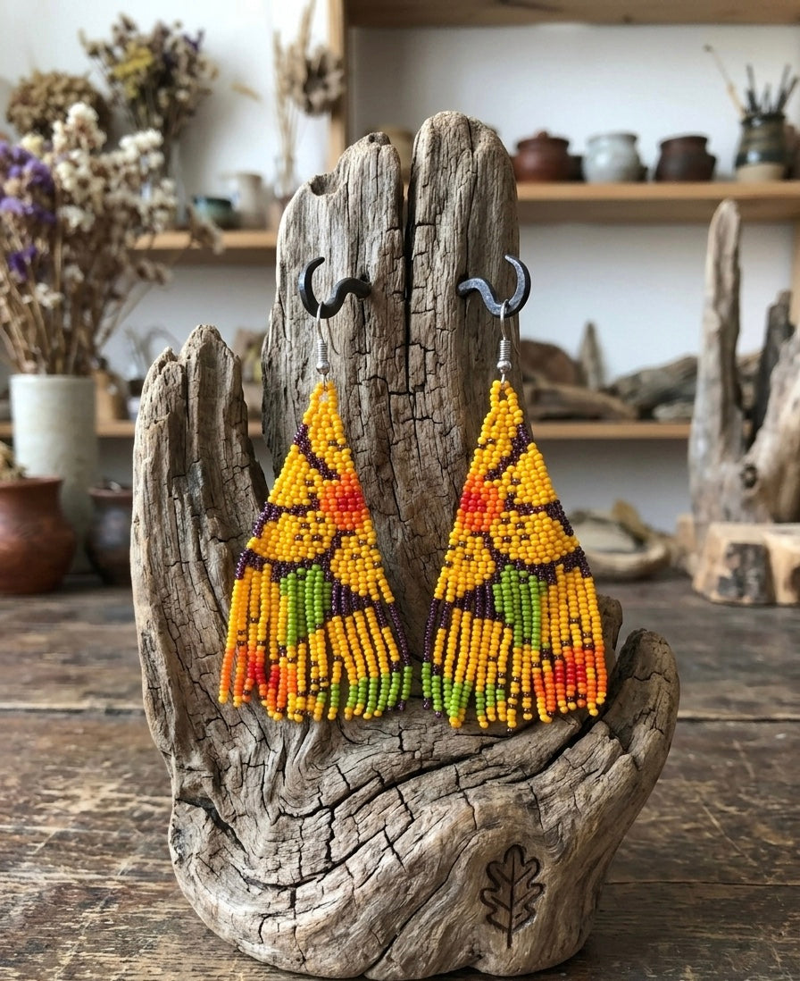 Flower Fringe Beaded Earrings (Mustard)-7