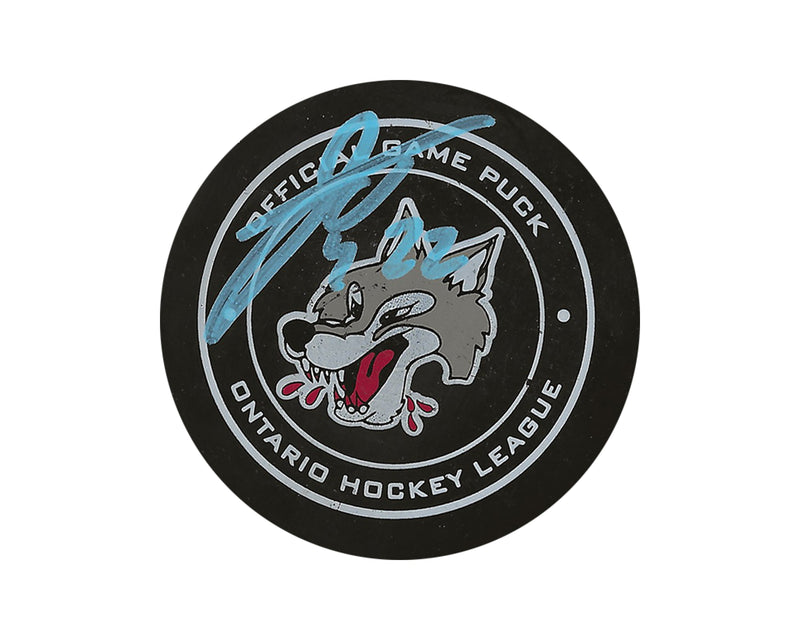 Puck de match officiel des Wolves de Sudbury autographié par Jack Thompson-1