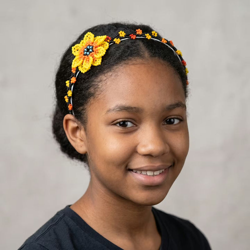 Beaded Headband with Flower Yellow-2