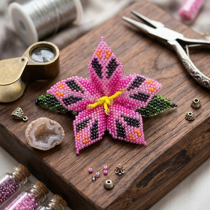 Pink Ember Bloom Beaded Hair Barrette-1