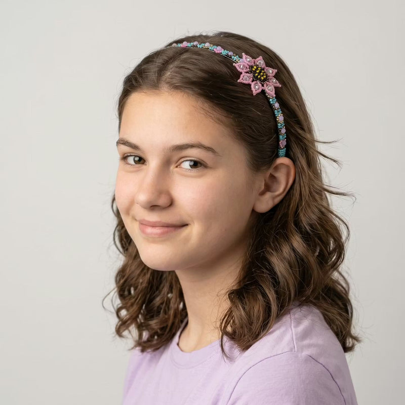 Beaded Headband with Flower Pink-3
