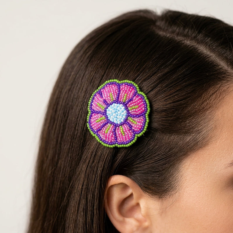 Pink/Purple Beaded Flower Barrette-2