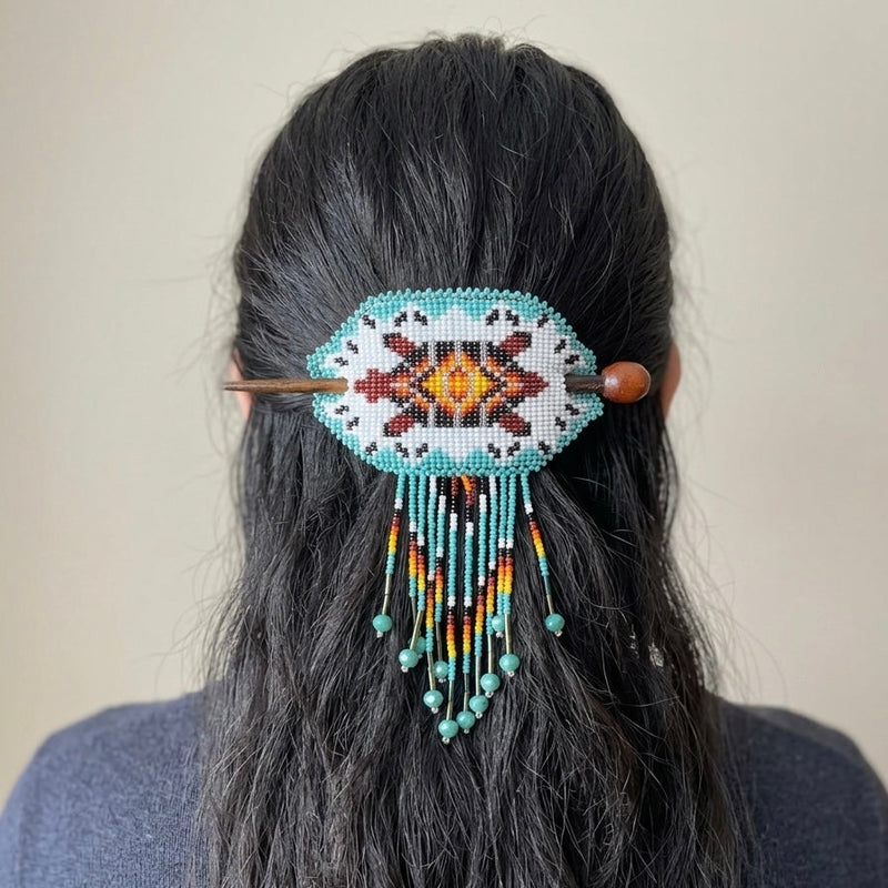 Fringed Beaded Barrette & Wooden Stick Turtle-1
