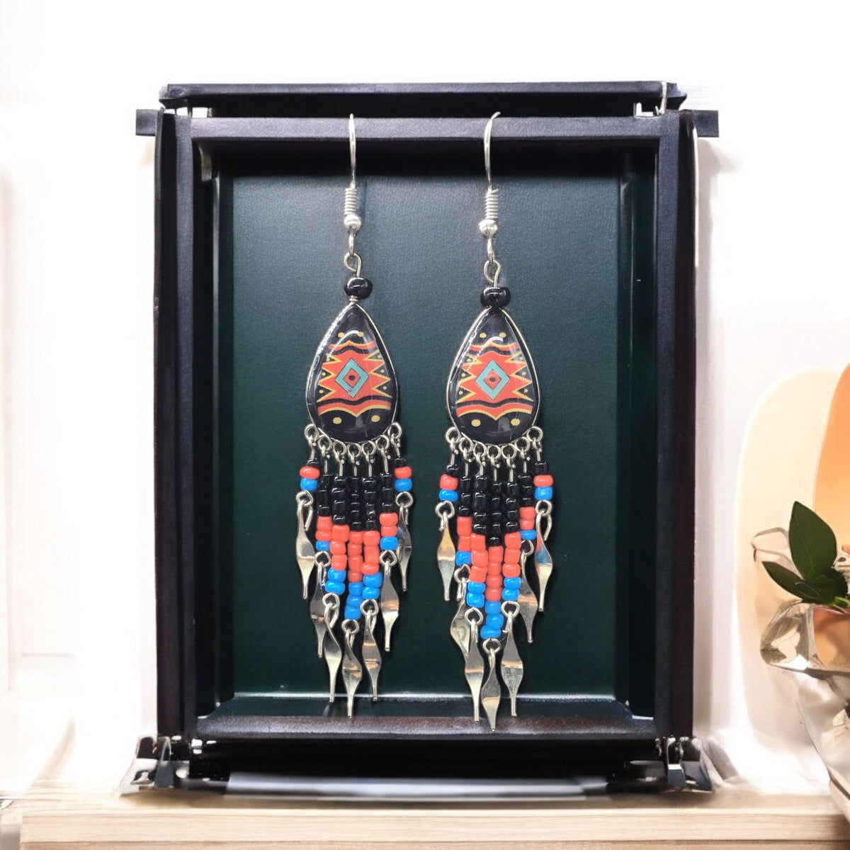 Small Sized Southwestern Black and Red Teardrop Earrings-1