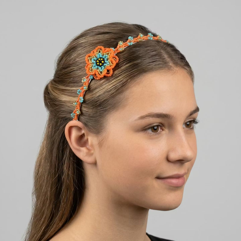 Beaded Headband with Flower Orange-6