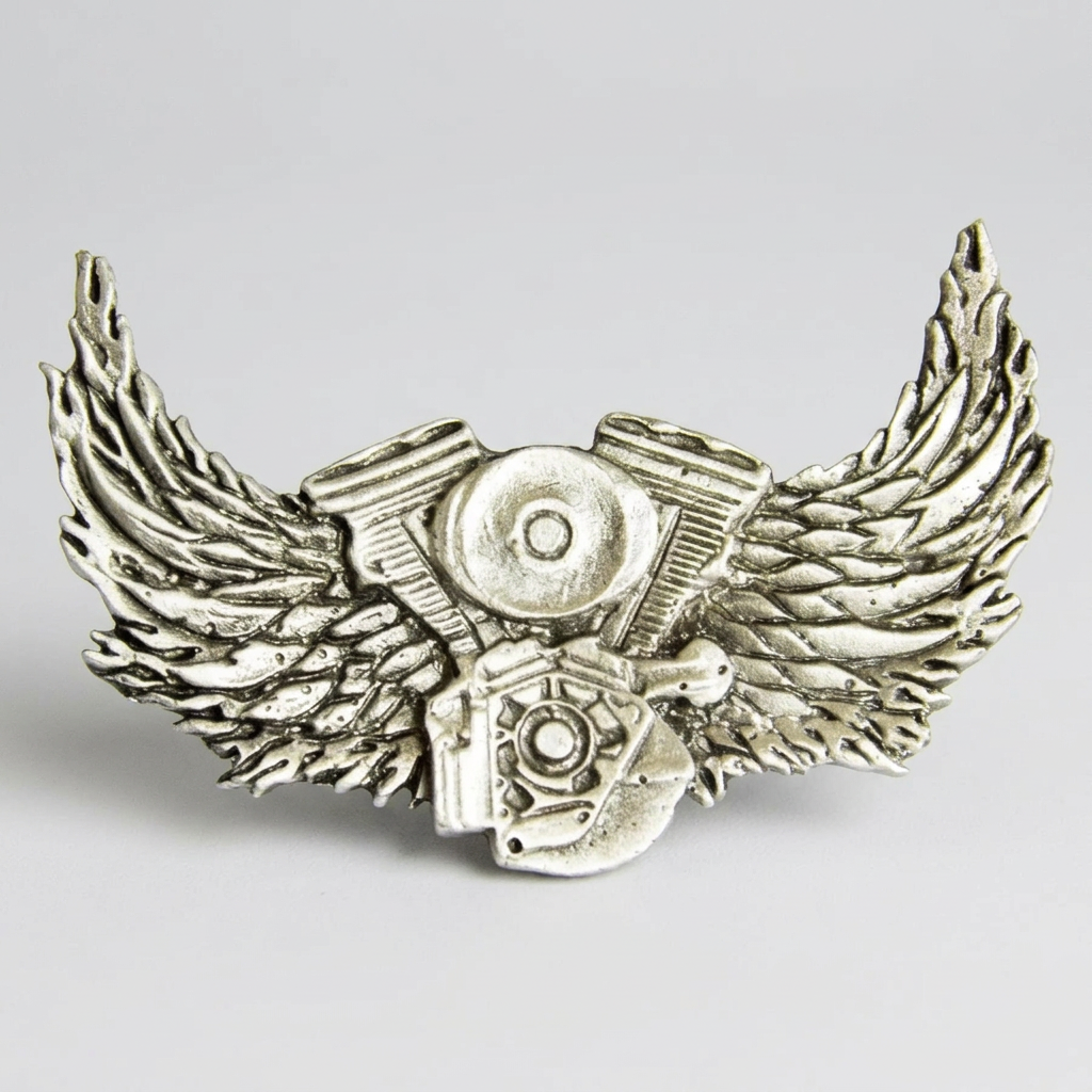 Engine With Wings Pewter Pin | Motorcycle Lapel Pin-1