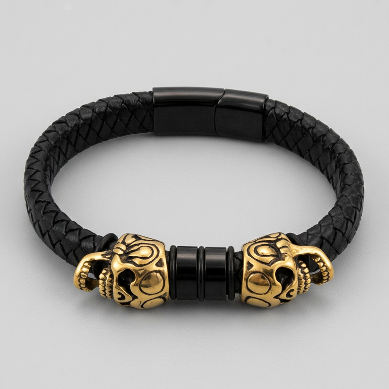 Men's Braided Leather Skull Charm Bracelet | Stainless Steel Accents-1