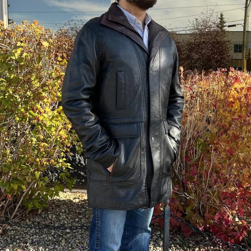 BOL Men's Double Collar Two-Tone Long Coat | Leather Jacket-1