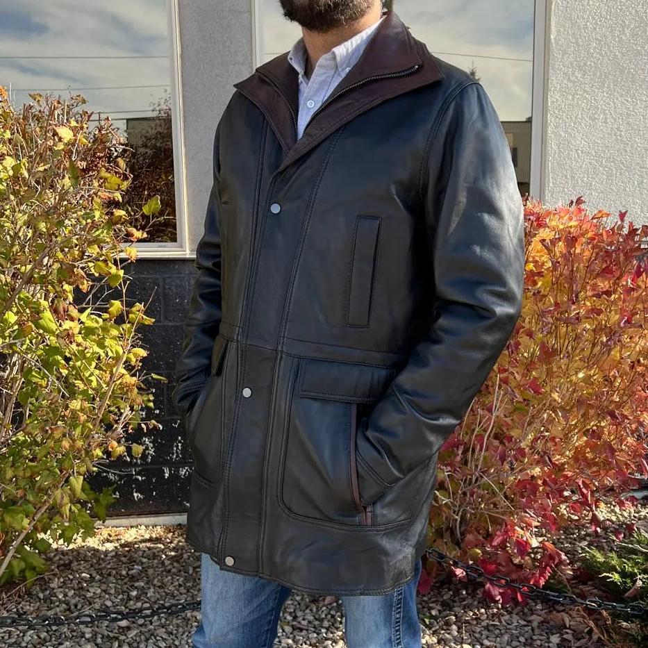 BOL Men's Double Collar Two-Tone Long Coat | Leather Jacket-3
