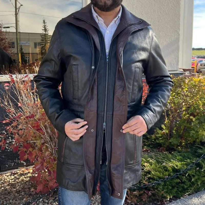 BOL Men's Double Collar Two-Tone Long Coat | Leather Jacket-4