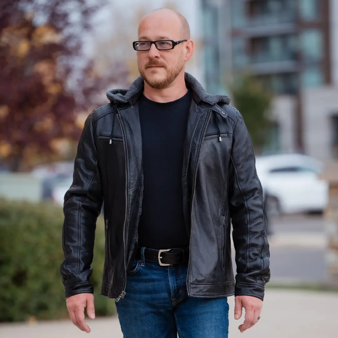 Men’s Hooded Leather Jacket. Sheep Leather Jacket with Removable Hood-5