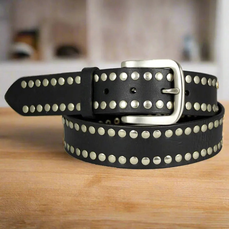 BOL Men's Silver Stud Removable Buckle Leather Belt-1