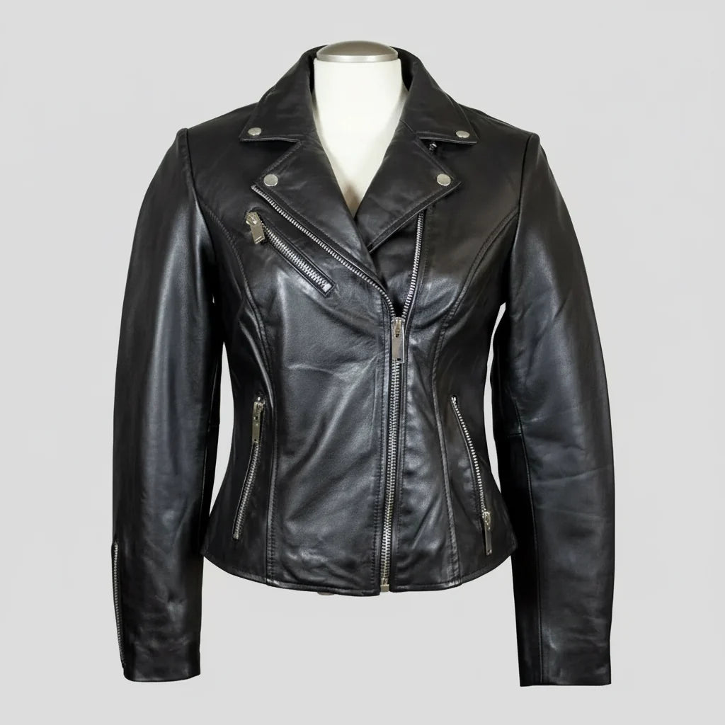 Women's Premium Lamb Leather Moto Jacket with Asymmetrical Zippers-10