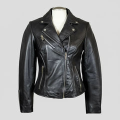 Women's Premium Lamb Leather Moto Jacket with Asymmetrical Zippers-10