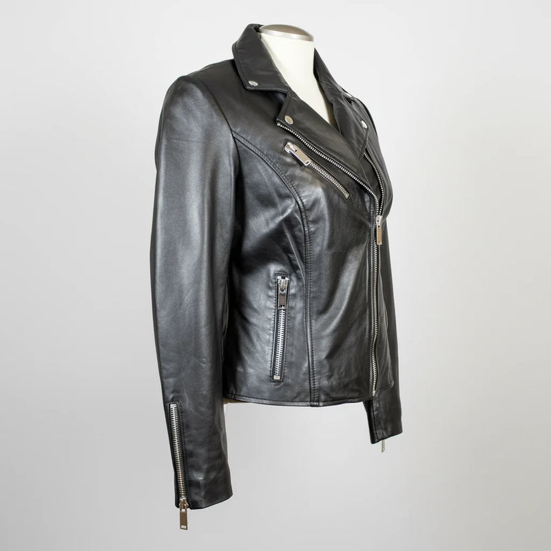 Women's Premium Lamb Leather Moto Jacket with Asymmetrical Zippers-12