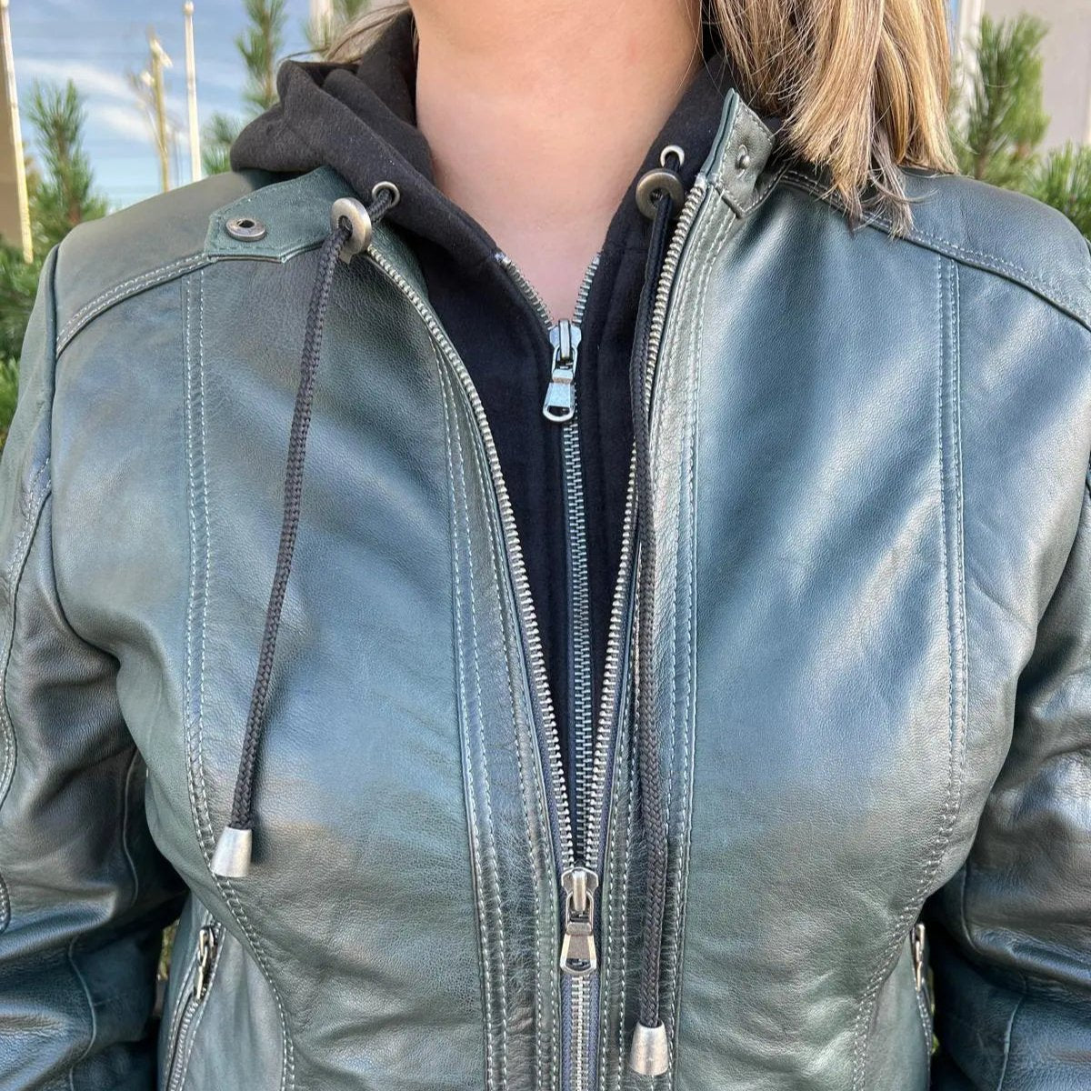 BOL Women's Detachable Hooded Leather Jacket-5