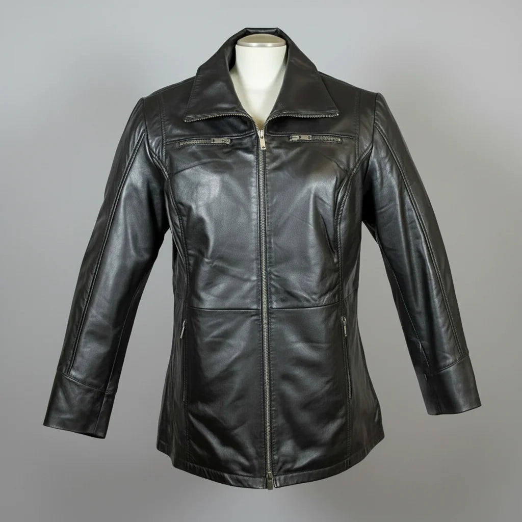 Classic Women's Mid-Length Lamb Leather Jacket-7
