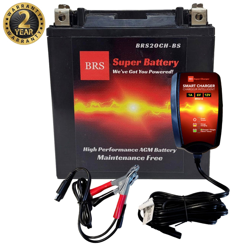 High Performance BRS20CH-BS 2 Year Warranty & Smart Charger / Maintainer Combo Bundle Kit 12v Sealed AGM PowerSports Battery-1