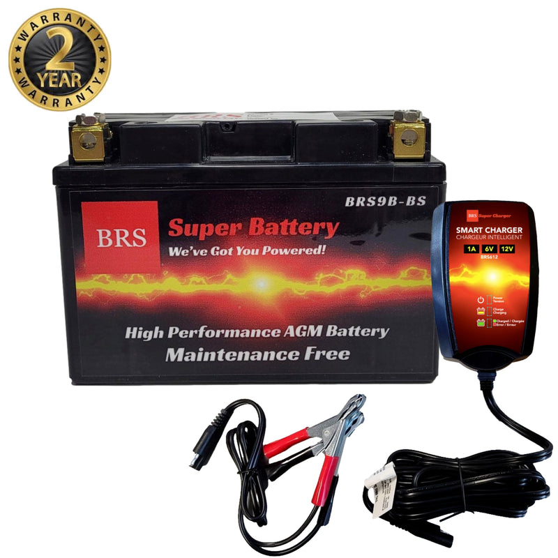 High Performance BRS9B-BS 2 Year Warranty & Smart Charger / Maintainer Combo Bundle Kit 12v Sealed AGM PowerSports Battery-1