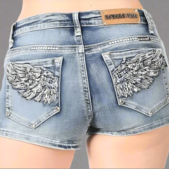 Bus Stop Women's Rhinestone Angel Wing Denim Shorts-1