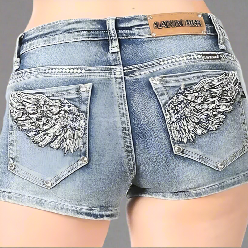 Bus Stop Women's Rhinestone Angel Wing Denim Shorts-1