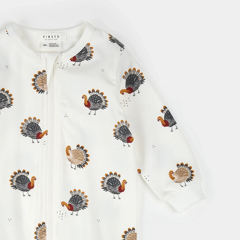 Footed Sleeper | Turkey Print on Off-White | Petit Lem-2